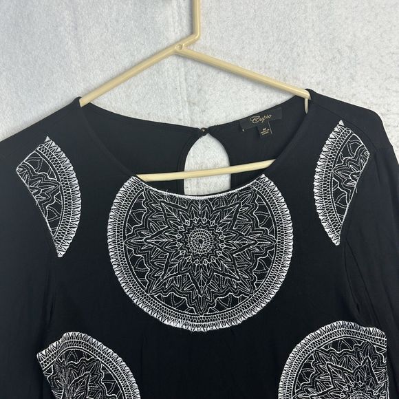 Cupio Blouse Women Medium Black Mandala Pattern Keyhole Back Flared Long Sleeve - Picture 2 of 10